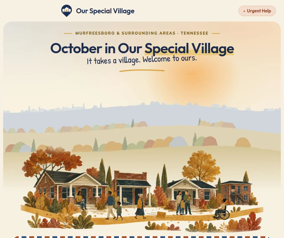 The top of the October 2026 newsletter: October in Our Special Village, over a painting of the village in autumn.
