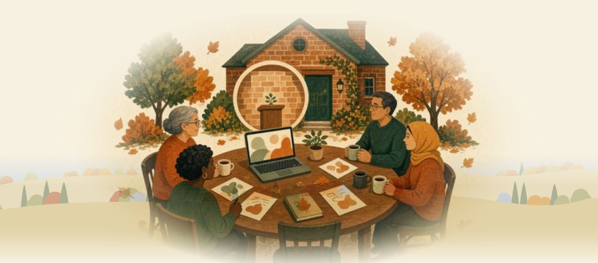 Parents gathered around a table with a laptop for an online IEP workshop - autumn village setting